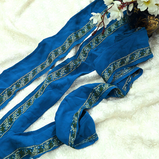 Indian Vintage Blue Border Pure Crepe Silk Hand Embroidered 1yd Craft Trim Lace Sewing Sari Ribbon Recycled Decor Gift Wrapped