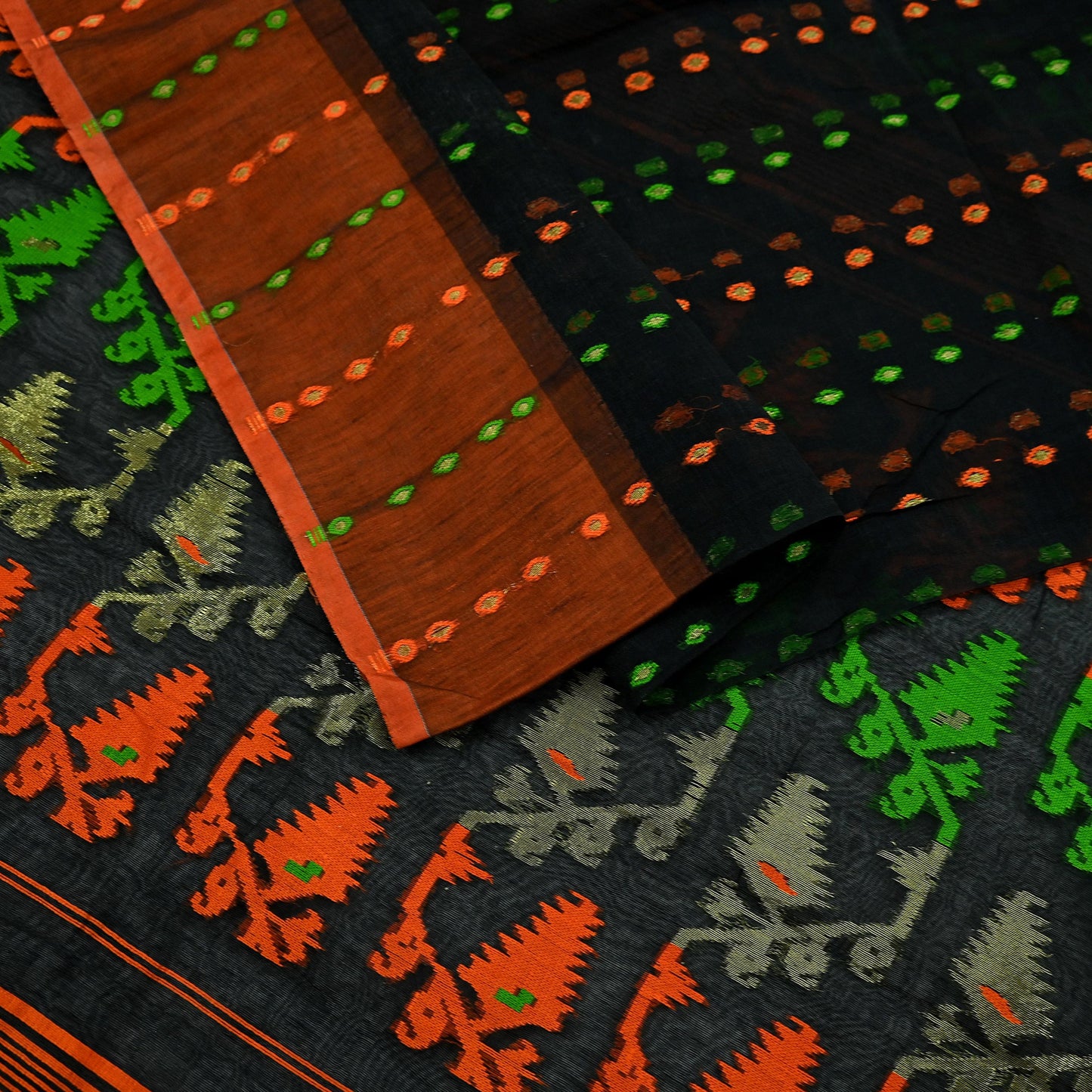 Indian Vintage Sarees Black Cotton Hand Woven Jamdani Sari 5yd Ethnic Floral Craft Fabric Dress making Upcycle Crafting Quilting