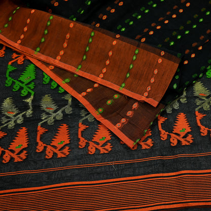 Indian Vintage Sarees Black Cotton Hand Woven Jamdani Sari 5yd Ethnic Floral Craft Fabric Dress making Upcycle Crafting Quilting