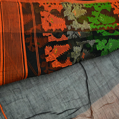Indian Vintage Sarees Black Cotton Hand Woven Jamdani Sari 5yd Ethnic Floral Craft Fabric Dress making Upcycle Crafting Quilting