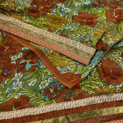 Indian Vintage Green Saree Pure Georgette Silk Hand Embroidered Sari Craft Fabric 5Yd Ethnic Soft Dress making Crafting Quilting