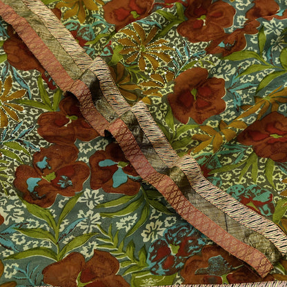 Indian Vintage Green Saree Pure Georgette Silk Hand Embroidered Sari Craft Fabric 5Yd Ethnic Soft Dress making Crafting Quilting