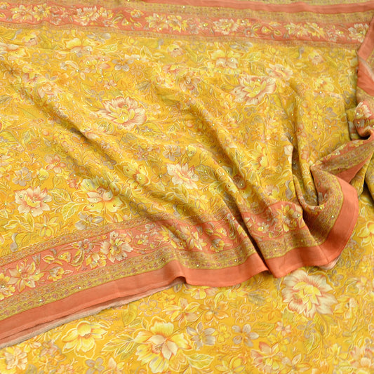 Indian Vintage Sari Pure Crepe Silk Hand Embroidered Saree 6yd Sewing Floral Craft Fabric Dress making For Crafting Quilting Upcycle