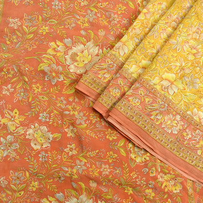 Indian Vintage Sari Pure Crepe Silk Hand Embroidered Saree 6yd Sewing Floral Craft Fabric Dress making For Crafting Quilting Upcycle