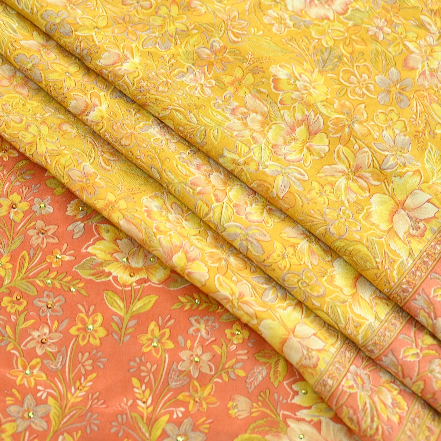 Indian Vintage Sari Pure Crepe Silk Hand Embroidered Saree 6yd Sewing Floral Craft Fabric Dress making For Crafting Quilting Upcycle