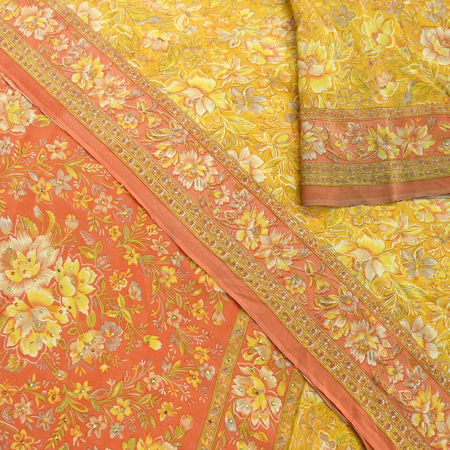 Indian Vintage Sari Pure Crepe Silk Hand Embroidered Saree 6yd Sewing Floral Craft Fabric Dress making For Crafting Quilting Upcycle