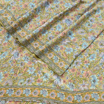 Indian Vintage Sari Beige Pure Crepe Silk Printed Sarees 5yd Sewing Floral Soft Craft Fabric Wrap Dress making Upcycle Crafting Upcycle