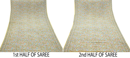Indian Vintage Sari Beige Pure Crepe Silk Printed Sarees 5yd Sewing Floral Soft Craft Fabric Wrap Dress making Upcycle Crafting Upcycle