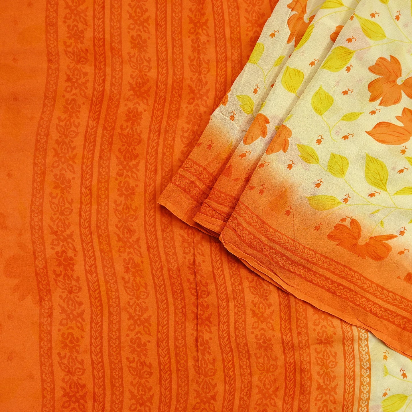 Indian Vintage Sari Beige Pure Georgette Silk Printed Sarees 5Yd Craft Fabric Sewing Quilting Dress making Crafting Quilting Upcycle