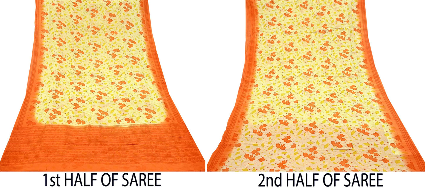 Indian Vintage Sari Beige Pure Georgette Silk Printed Sarees 5Yd Craft Fabric Sewing Quilting Dress making Crafting Quilting Upcycle