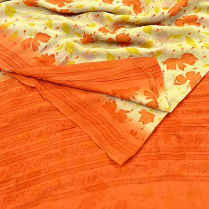 Indian Vintage Sari Beige Pure Georgette Silk Printed Sarees 5Yd Craft Fabric Sewing Quilting Dress making Crafting Quilting Upcycle