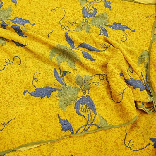 Indian Vintage Yellow Saree Pure Georgette Silk Hand Embroidered Printed Sari Craft Fabric Sewing 5Yd Soft Light Dress Making Floral