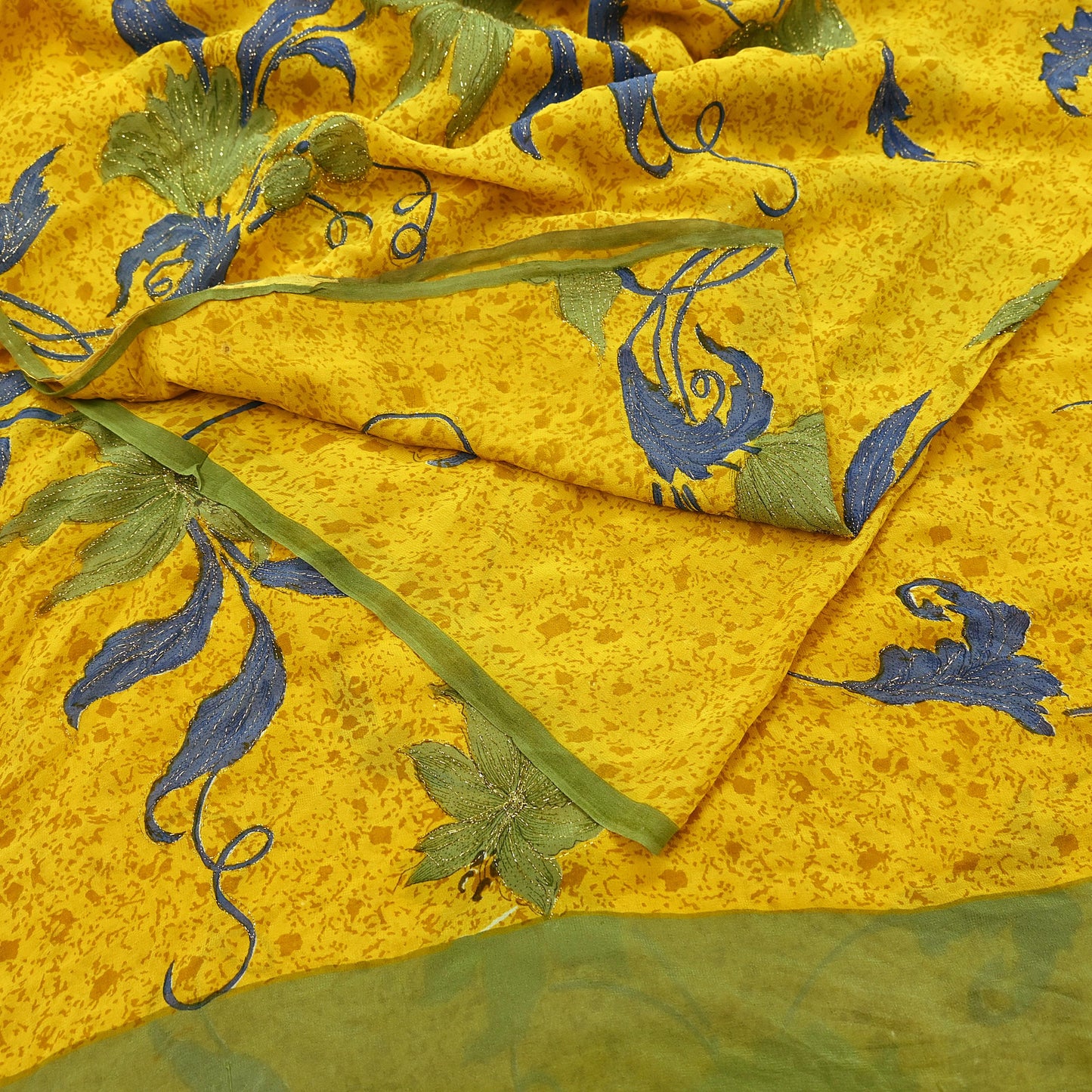Indian Vintage Yellow Saree Pure Georgette Silk Hand Embroidered Printed Sari Craft Fabric Sewing 5Yd Soft Light Dress Making Floral