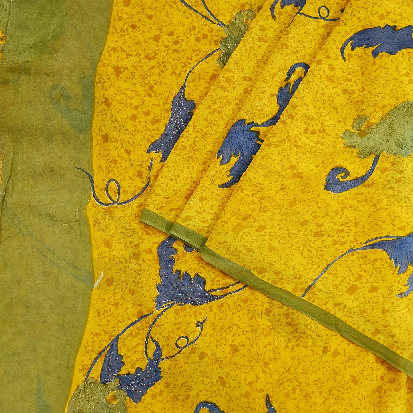 Indian Vintage Yellow Saree Pure Georgette Silk Hand Embroidered Printed Sari Craft Fabric Sewing 5Yd Soft Light Dress Making Floral