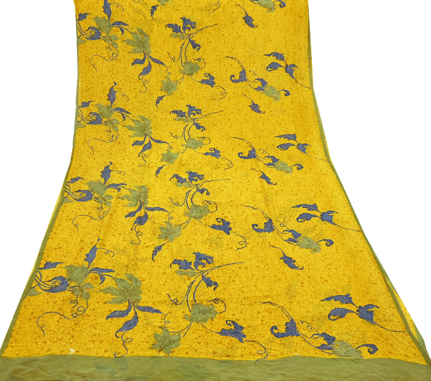 Indian Vintage Yellow Saree Pure Georgette Silk Hand Embroidered Printed Sari Craft Fabric Sewing 5Yd Soft Light Dress Making Floral