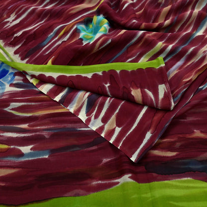 Indian Vintage Sari Maroon Pure Georgette Silk Printed Sarees Craft Fabric Sewing 6Yd Soft Light Dress Making Quilting Crafting