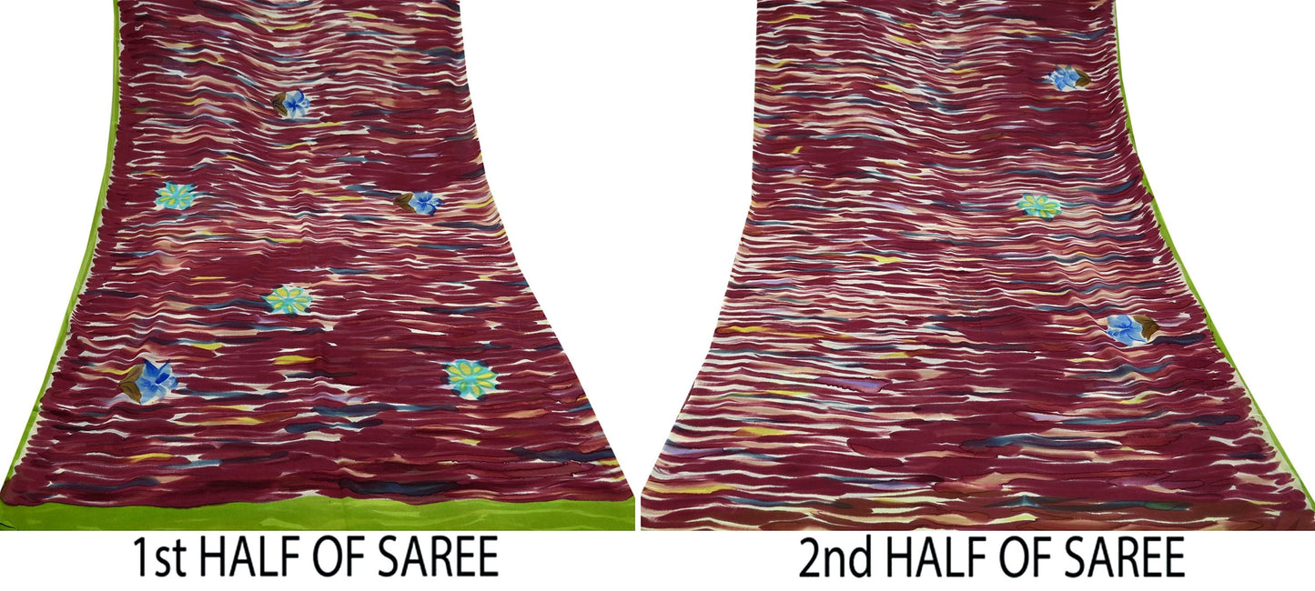 Indian Vintage Sari Maroon Pure Georgette Silk Printed Sarees Craft Fabric Sewing 6Yd Soft Light Dress Making Quilting Crafting