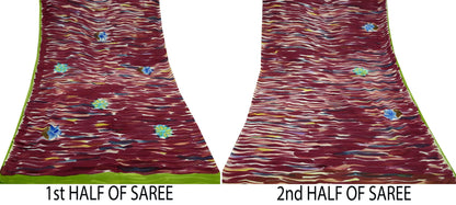 Indian Vintage Sari Maroon Pure Georgette Silk Printed Sarees Craft Fabric Sewing 6Yd Soft Light Dress Making Quilting Crafting