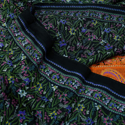 Indian Vintage Black & Orange Saree 100% Pure Silk Printed Sari Craft Fabric 5yd Sewing DressMaking Soft Quilting Upcycle For Crafting