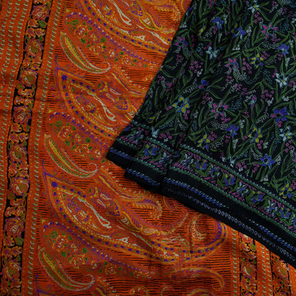 Indian Vintage Black & Orange Saree 100% Pure Silk Printed Sari Craft Fabric 5yd Sewing DressMaking Soft Quilting Upcycle For Crafting