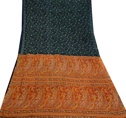 Indian Vintage Black & Orange Saree 100% Pure Silk Printed Sari Craft Fabric 5yd Sewing DressMaking Soft Quilting Upcycle For Crafting