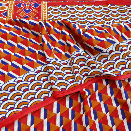 Indian Vintage Red Saree Printed Pure Cotton Sari Craft Fabric Soft 5Yd Sewing Sarong Wrap Boho Quilting Crafting Upcycle Dress making