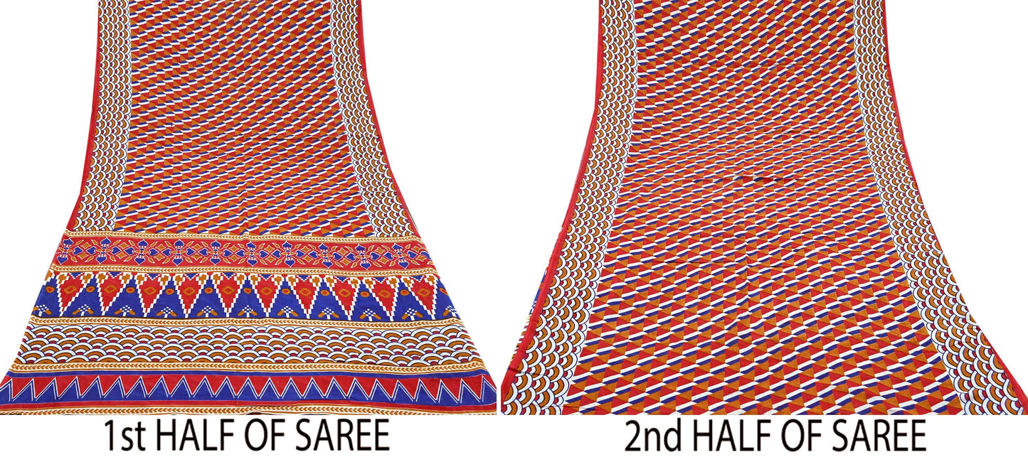 Indian Vintage Red Saree Printed Pure Cotton Sari Craft Fabric Soft 5Yd Sewing Sarong Wrap Boho Quilting Crafting Upcycle Dress making
