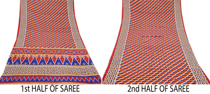 Indian Vintage Red Saree Printed Pure Cotton Sari Craft Fabric Soft 5Yd Sewing Sarong Wrap Boho Quilting Crafting Upcycle Dress making
