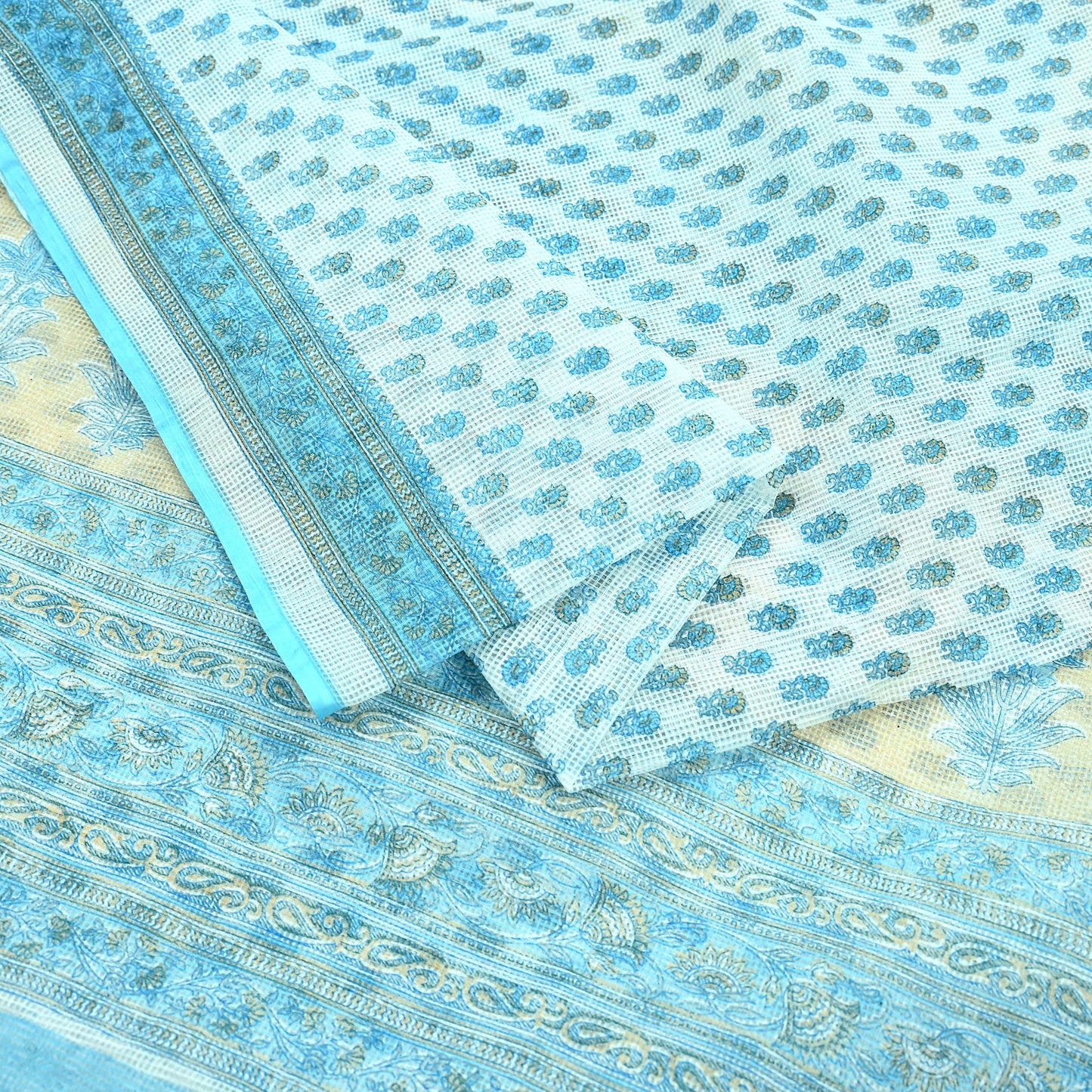 Indian Vintage Sari White & Blue Printed 100% Pure Cotton Sarees Craft Fabric 5Yd Sewing Sarong Wrap Boho Floral Quilting Crafting