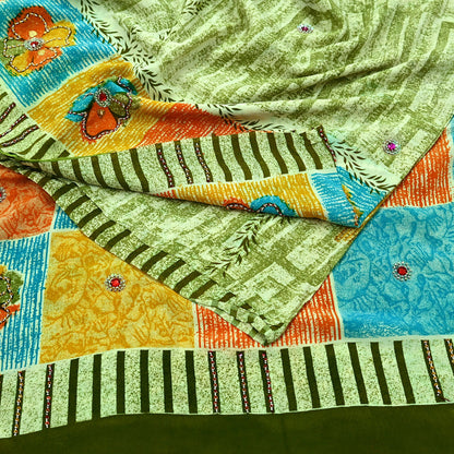 Indian Vintage Sari Ivory & Green Pure Crepe Silk Hand Embroidered Saree 5yd Sewing Floral Craft Sequins Dress making Crafting Quilting