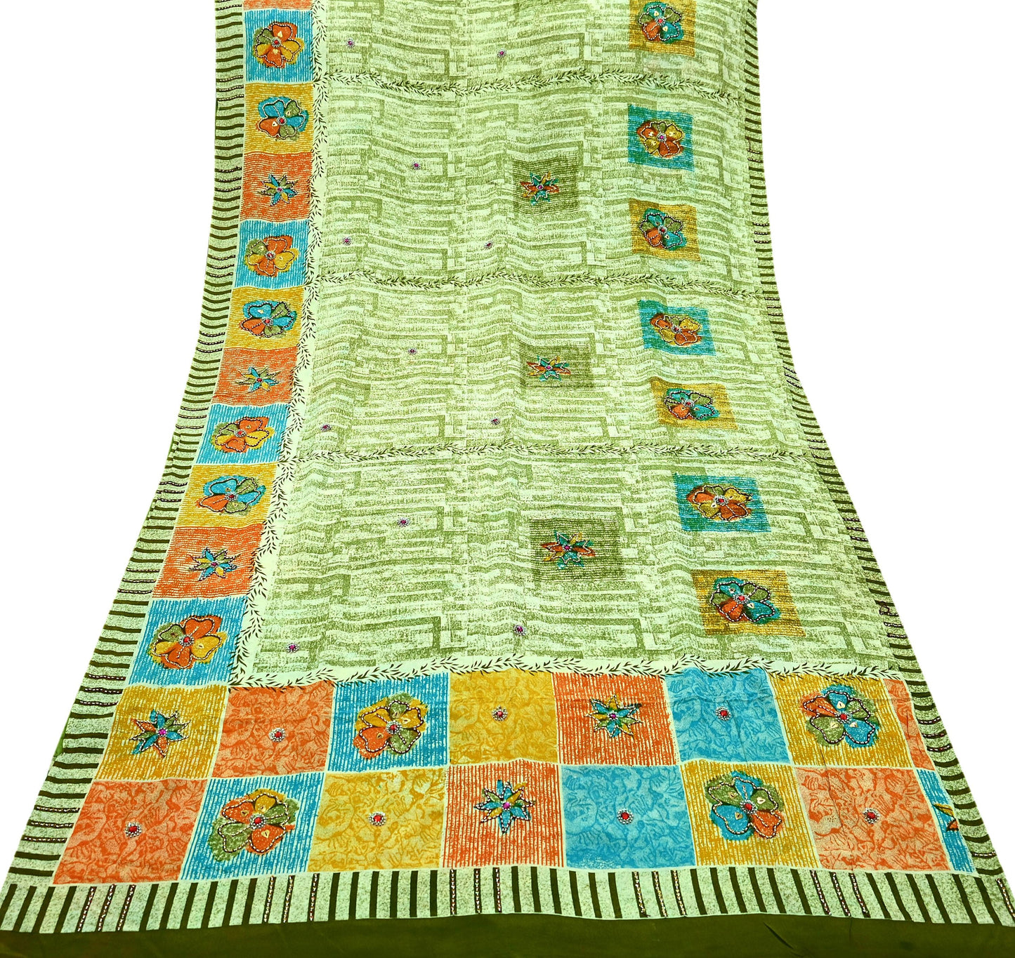 Indian Vintage Sari Ivory & Green Pure Crepe Silk Hand Embroidered Saree 5yd Sewing Floral Craft Sequins Dress making Crafting Quilting
