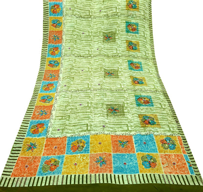 Indian Vintage Sari Ivory & Green Pure Crepe Silk Hand Embroidered Saree 5yd Sewing Floral Craft Sequins Dress making Crafting Quilting