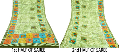 Indian Vintage Sari Ivory & Green Pure Crepe Silk Hand Embroidered Saree 5yd Sewing Floral Craft Sequins Dress making Crafting Quilting