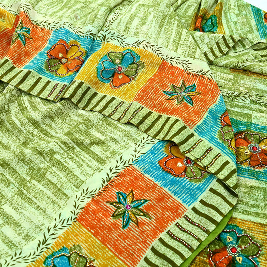 Indian Vintage Sari Ivory & Green Pure Crepe Silk Hand Embroidered Saree 5yd Sewing Floral Craft Sequins Dress making Crafting Quilting