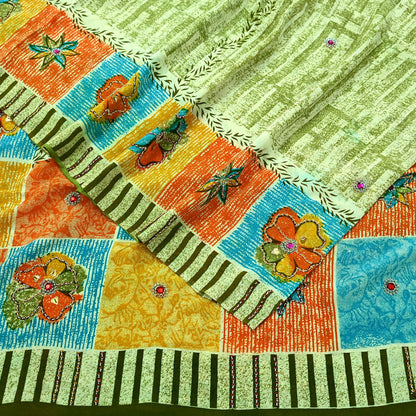 Indian Vintage Sari Ivory & Green Pure Crepe Silk Hand Embroidered Saree 5yd Sewing Floral Craft Sequins Dress making Crafting Quilting