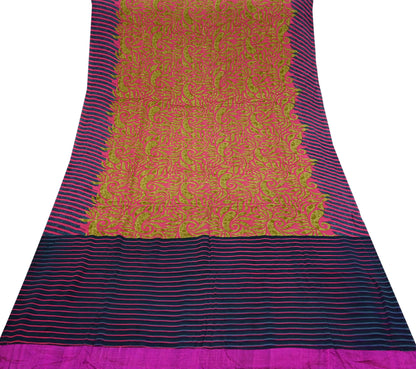 Indian Vintage Sari Green & Pink Pure Crepe Silk Printed Saree 5yd Sewing Floral Soft Craft Fabric Wrap Dress making Crafting Quilting