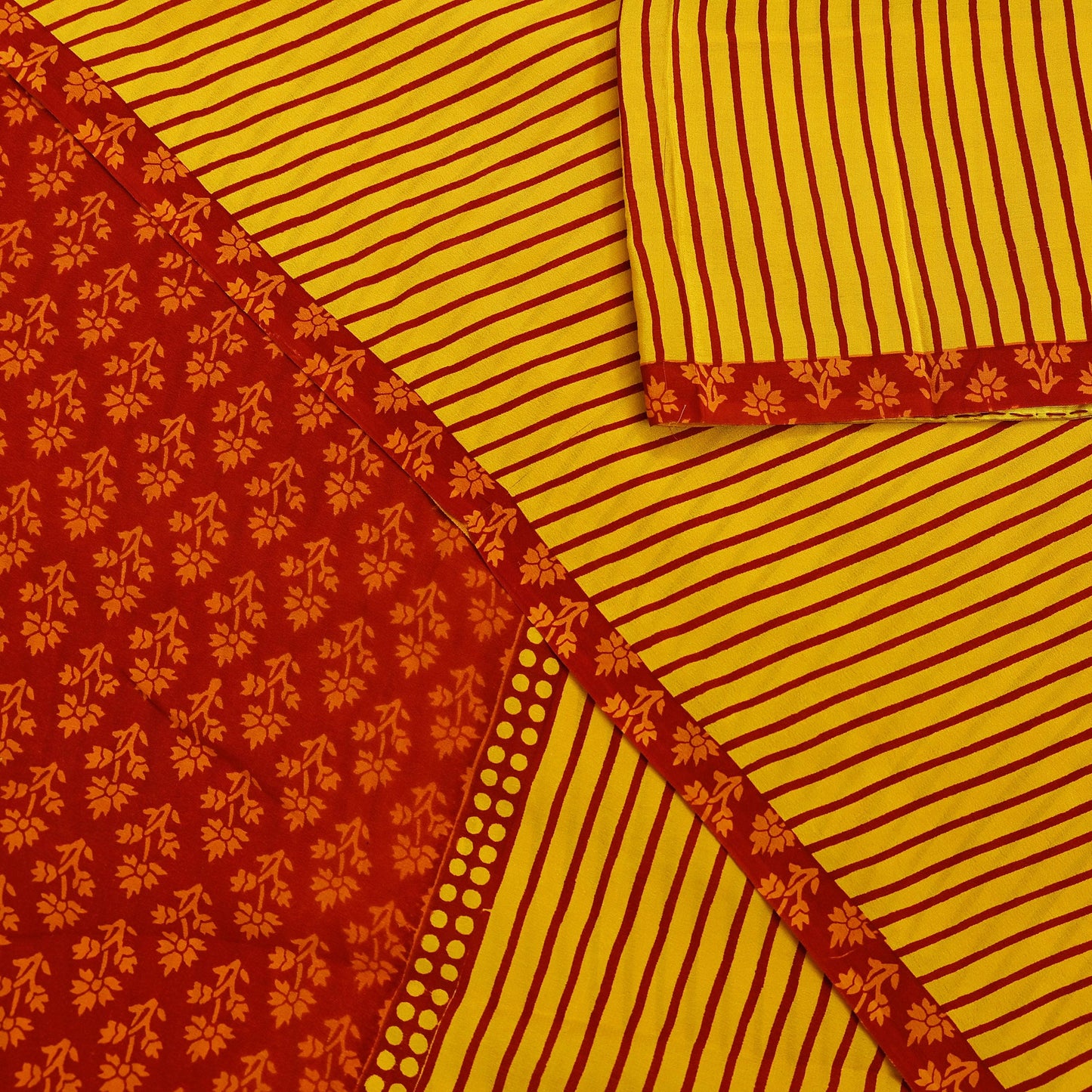 Indian Vintage Sari Red & Yellow Pure Crepe Silk Printed Sarees 5yd Sewing Floral Soft Craft Fabric Wrap Dress Making Crafting Quilting