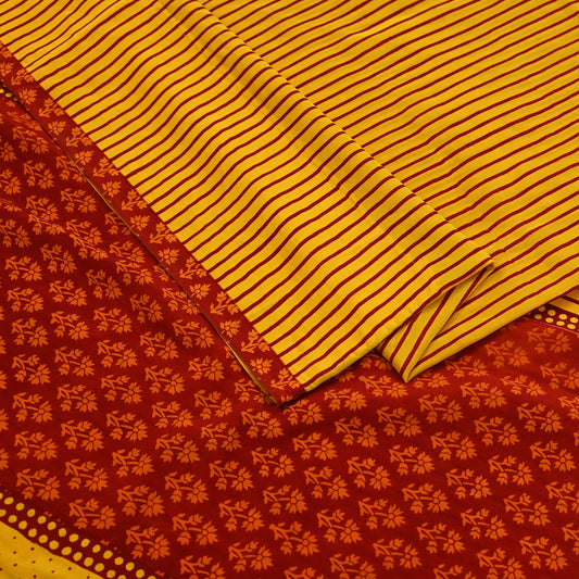 Indian Vintage Sari Red & Yellow Pure Crepe Silk Printed Sarees 5yd Sewing Floral Soft Craft Fabric Wrap Dress Making Crafting Quilting