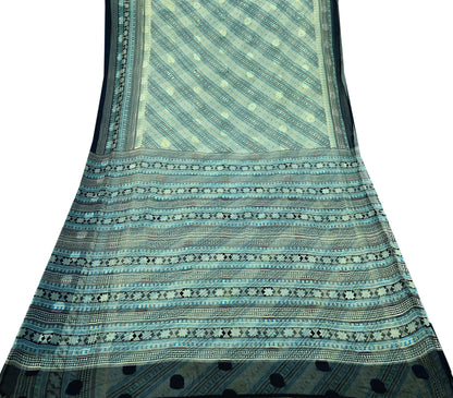 Indian Vintage Sari Ivory & Blue Pure Chiffon Silk Printed Sarees 6Yd Craft Fabric Sewing Soft  Dress Making Upcycle Quilting