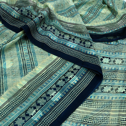 Indian Vintage Sari Ivory & Blue Pure Chiffon Silk Printed Sarees 6Yd Craft Fabric Sewing Soft  Dress Making Upcycle Quilting
