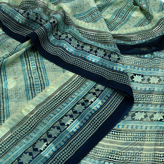 Indian Vintage Sari Ivory & Blue Pure Chiffon Silk Printed Sarees 6Yd Craft Fabric Sewing Soft  Dress Making Upcycle Quilting