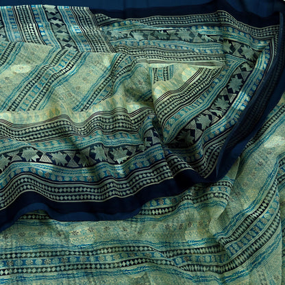 Indian Vintage Sari Ivory & Blue Pure Chiffon Silk Printed Sarees 6Yd Craft Fabric Sewing Soft  Dress Making Upcycle Quilting