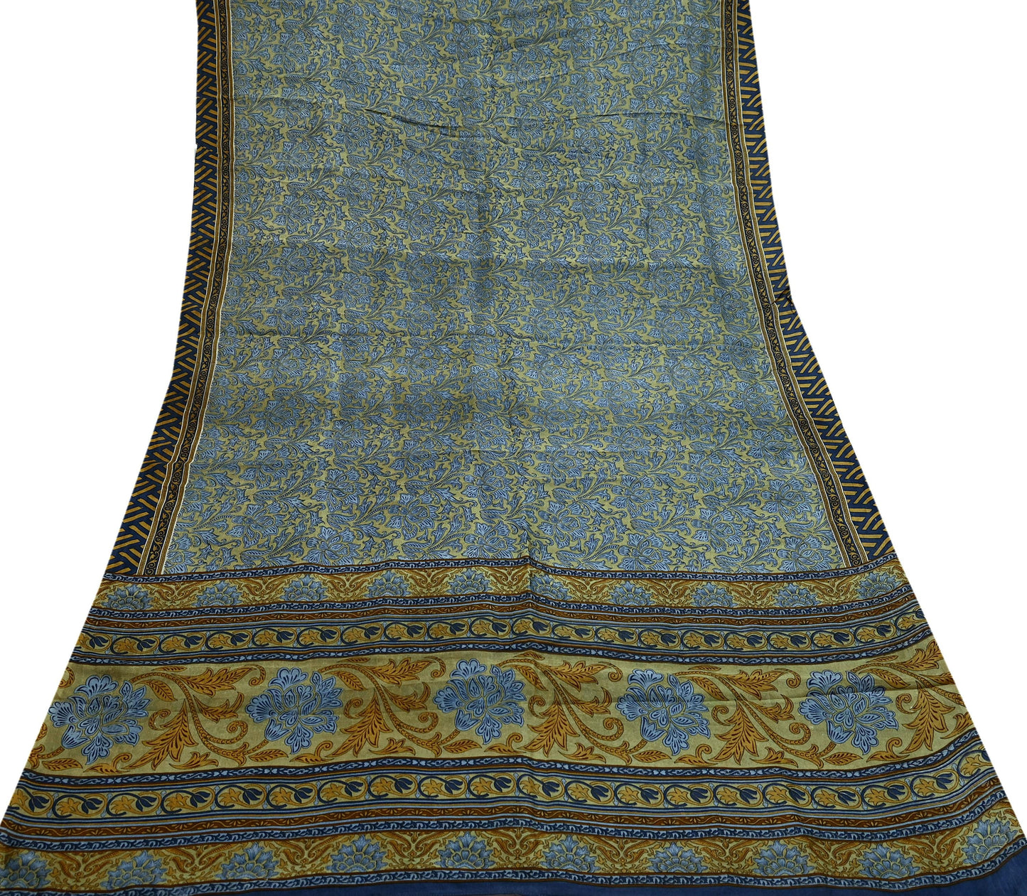 Indian Vintage Sari Green & Gray Pure Silk Printed Sarees Craft Fabric 5yd Sewing Dress Making Floral Crafting Quilting Upcycle Used