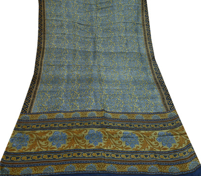 Indian Vintage Sari Green & Gray Pure Silk Printed Sarees Craft Fabric 5yd Sewing Dress Making Floral Crafting Quilting Upcycle Used