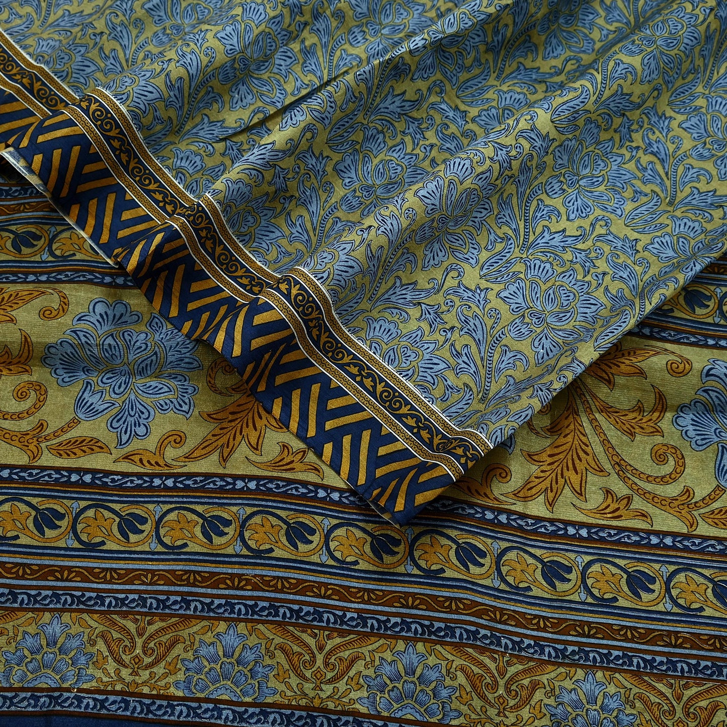 Indian Vintage Sari Green & Gray Pure Silk Printed Sarees Craft Fabric 5yd Sewing Dress Making Floral Crafting Quilting Upcycle Used