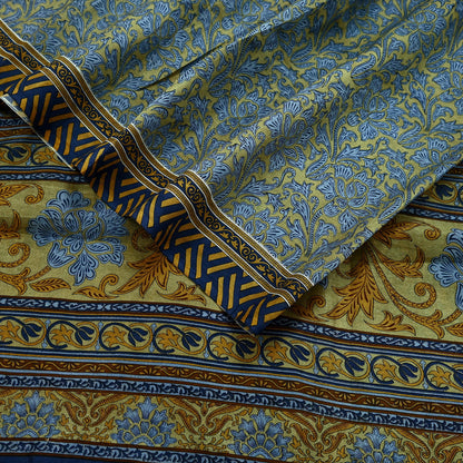 Indian Vintage Sari Green & Gray Pure Silk Printed Sarees Craft Fabric 5yd Sewing Dress Making Floral Crafting Quilting Upcycle Used