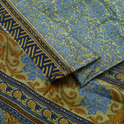 Indian Vintage Sari Green & Gray Pure Silk Printed Sarees Craft Fabric 5yd Sewing Dress Making Floral Crafting Quilting Upcycle Used