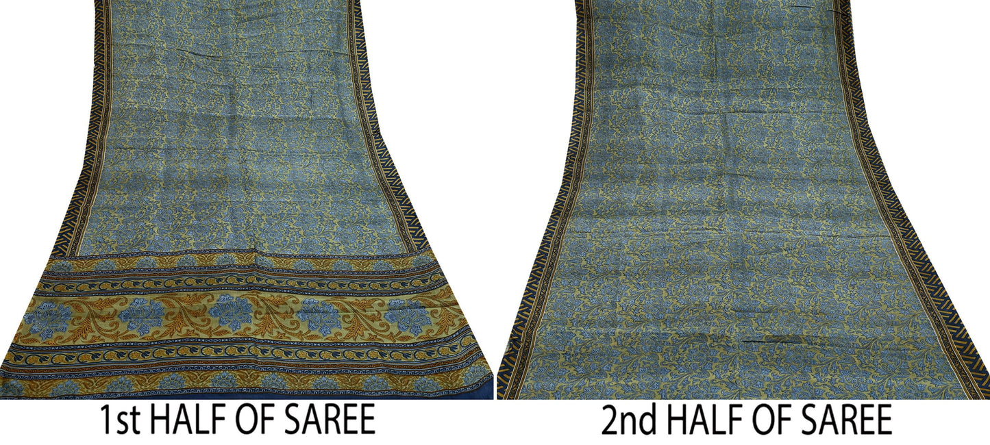 Indian Vintage Sari Green & Gray Pure Silk Printed Sarees Craft Fabric 5yd Sewing Dress Making Floral Crafting Quilting Upcycle Used