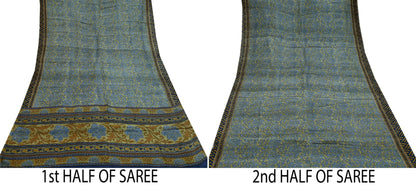 Indian Vintage Sari Green & Gray Pure Silk Printed Sarees Craft Fabric 5yd Sewing Dress Making Floral Crafting Quilting Upcycle Used
