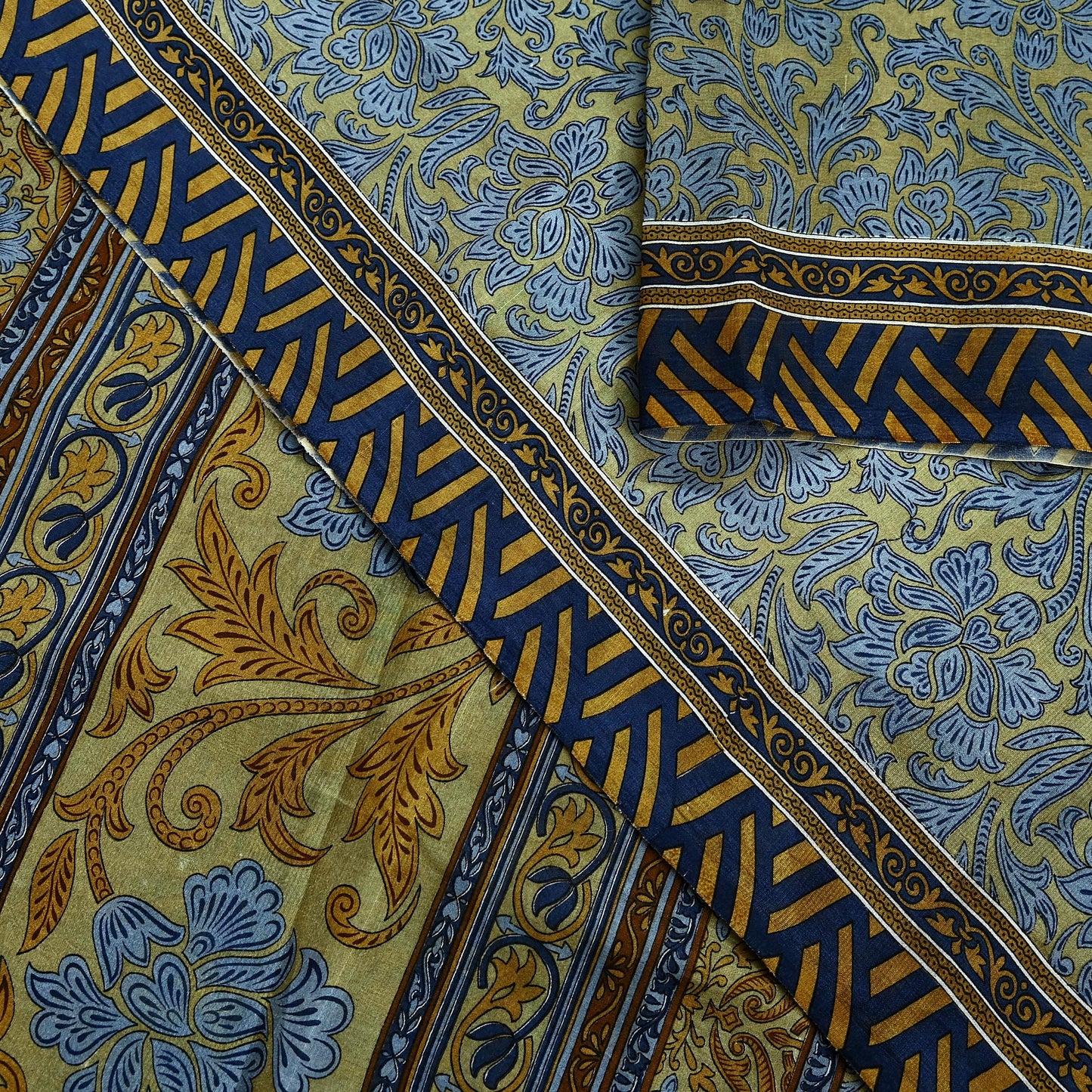 Indian Vintage Sari Green & Gray Pure Silk Printed Sarees Craft Fabric 5yd Sewing Dress Making Floral Crafting Quilting Upcycle Used